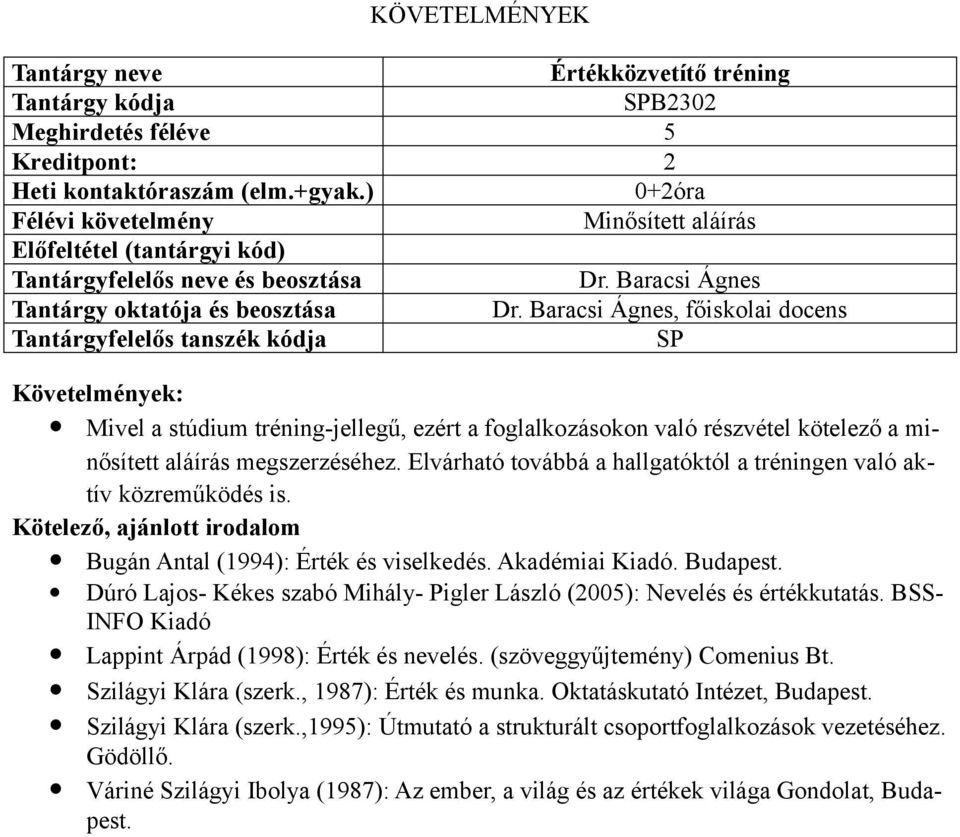 Elvárható továbbá a hallgatóktól a tréningen való aktív közreműködés is. Bugán Antal (1994): Érték és viselkedés. Akadémiai Kiadó. Budapest.