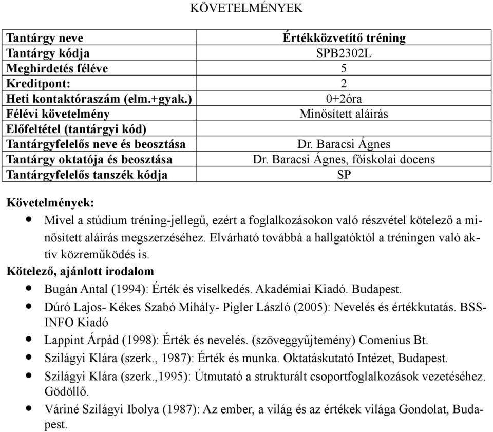 Elvárható továbbá a hallgatóktól a tréningen való aktív közreműködés is. Bugán Antal (1994): Érték és viselkedés. Akadémiai Kiadó. Budapest.