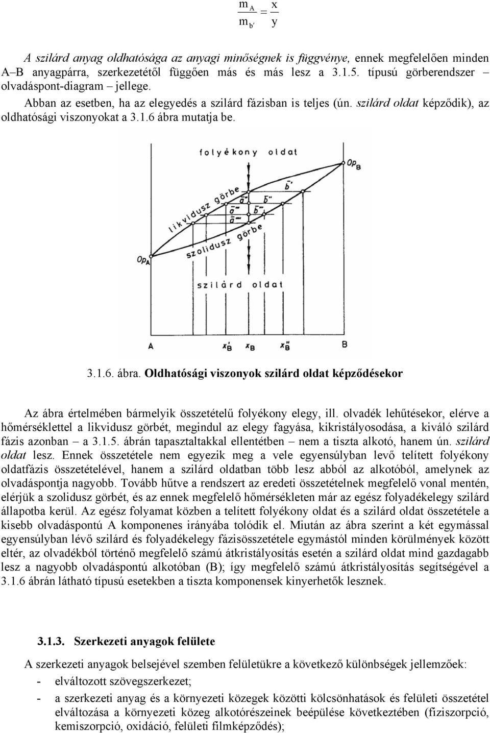 mutatja be. 3.1.6. ábra. Oldhatósági viszonyok szilárd oldat képződésekor Az ábra értelmében bármelyik összetételű folyékony elegy, ill.