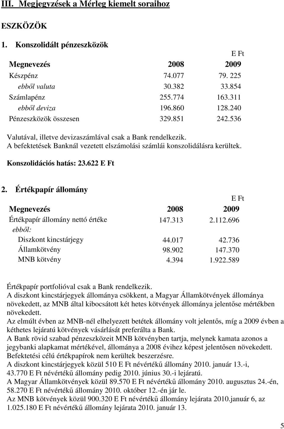 Konszolidációs hatás: 23.622 2. Értékpapír állomány Értékpapír állomány nettó értéke 147.313 2.112.696 ebbıl: Diszkont kincstárjegy 44.017 42.736 Államkötvény 98.902 147.370 MNB kötvény 4.394 1.922.