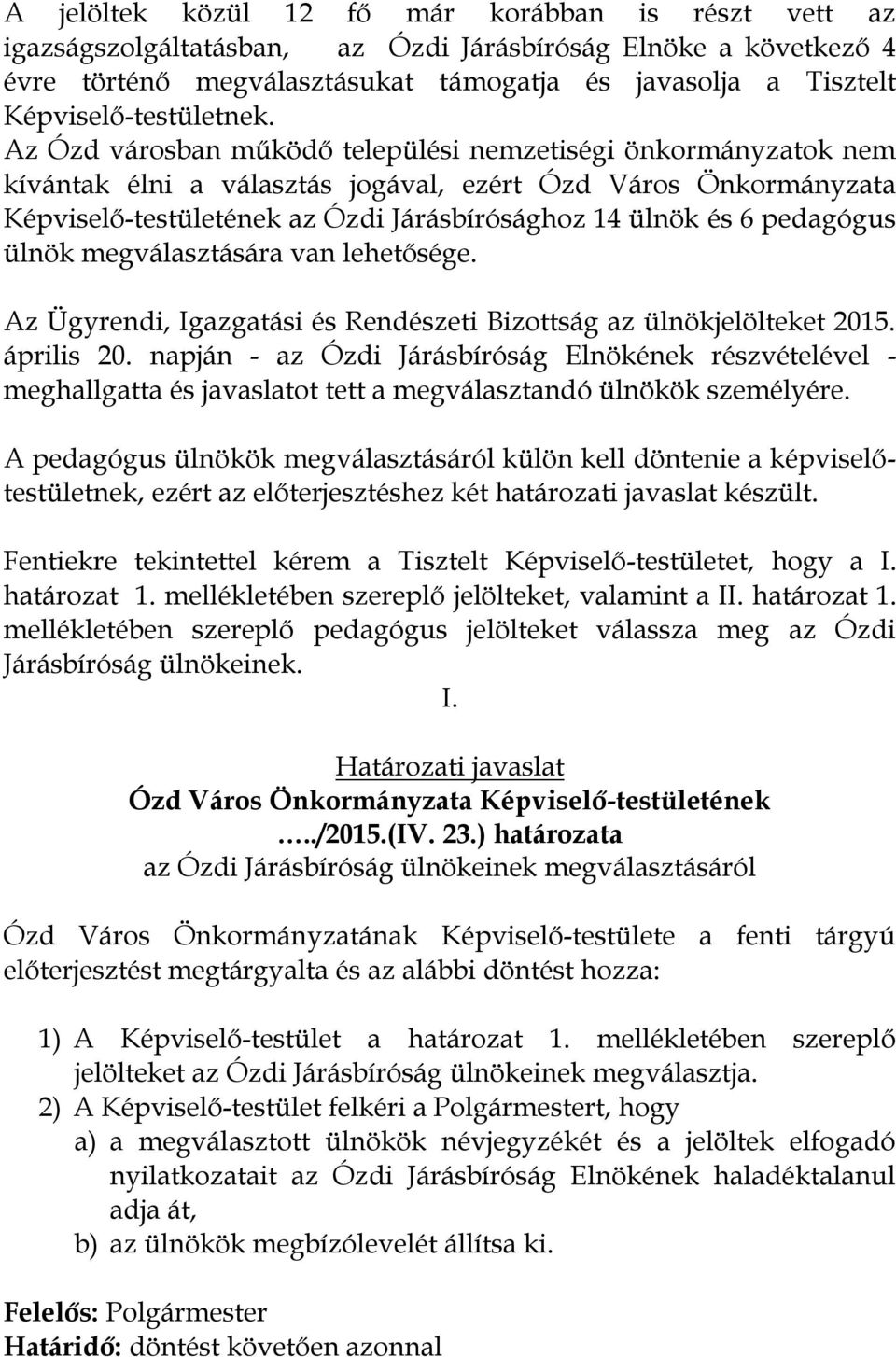 Az Ózd városban működő települési nemzetiségi önkormányzatok nem kívántak élni a választás jogával, ezért Ózd Város Önkormányzata Képviselő-testületének az Ózdi Járásbírósághoz 14 ülnök és 6