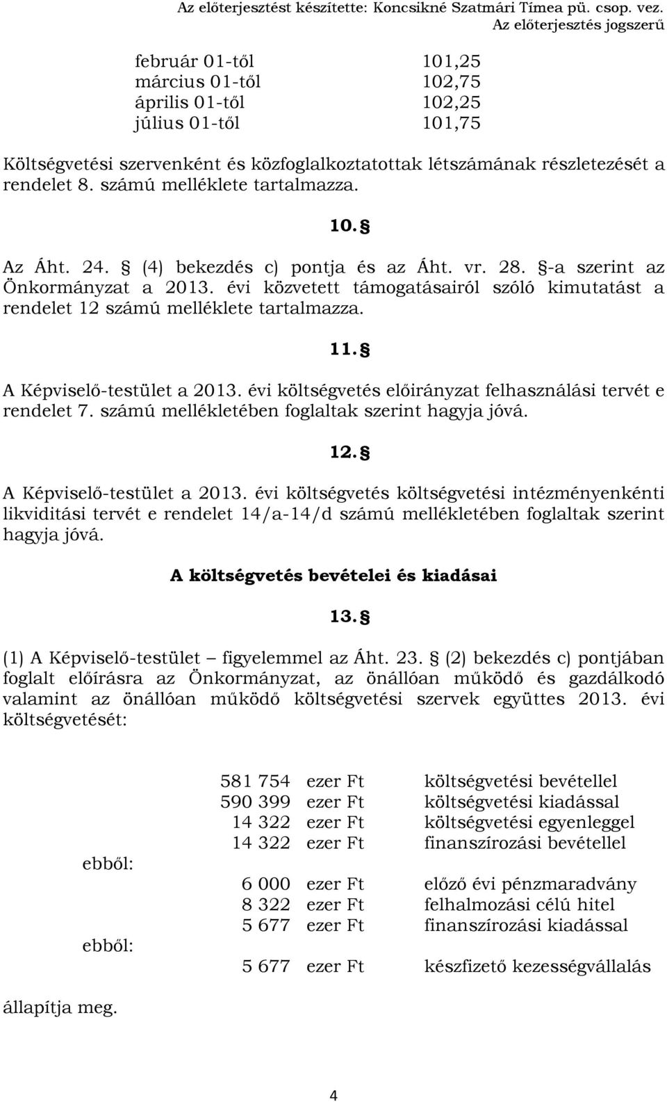 számú melléklete tartalmazza. 10. Az Áht. 24. (4) bekezdés c) pontja és az Áht. vr. 28. a szerint az Önkormányzat a 2013.