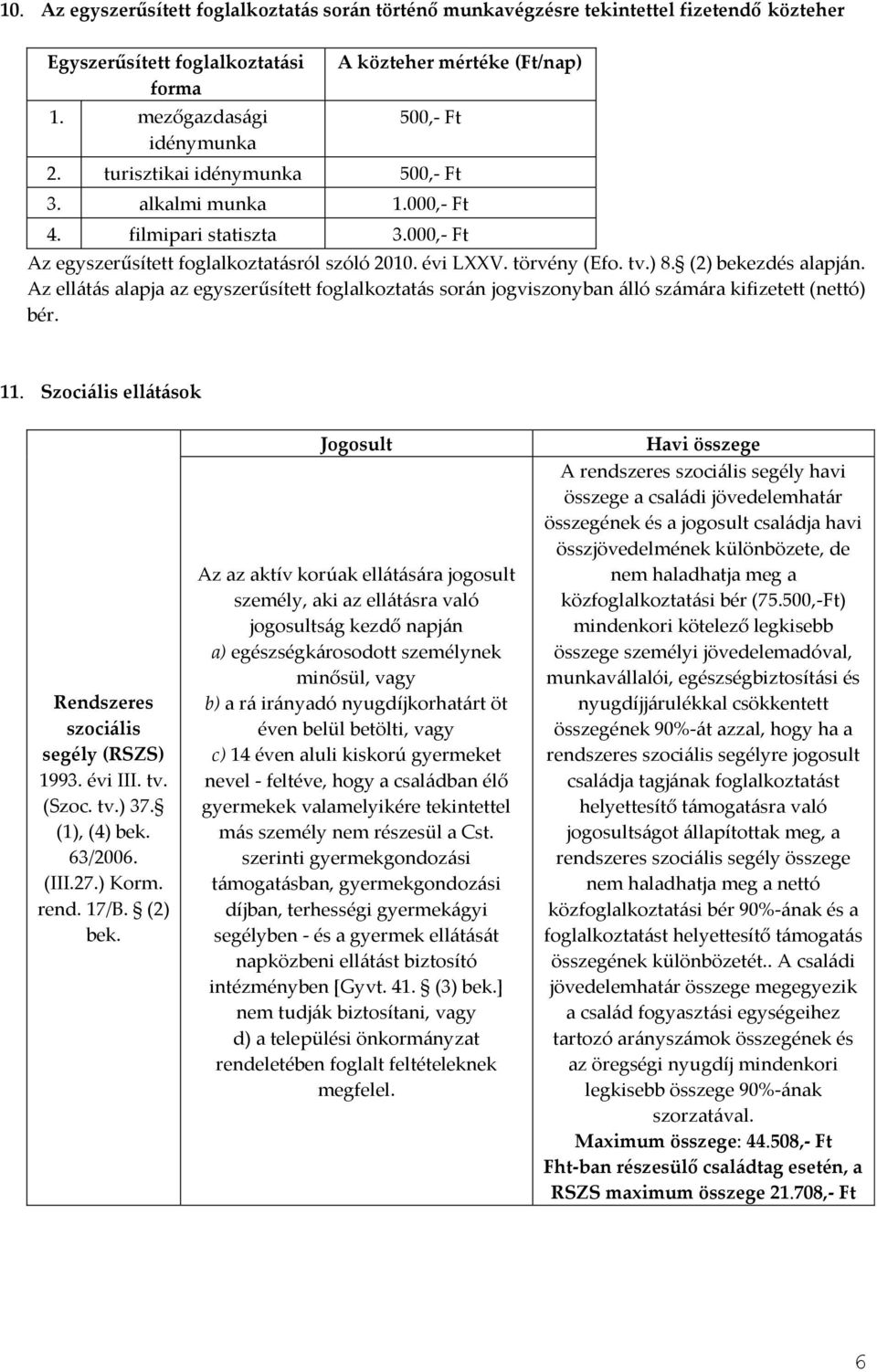 Az ellátás alapja az egyszerűsített foglalkoztatás során jogviszonyban álló számára kifizetett (nettó) bér. 11. Szociális ellátások Rendszeres szociális segély (RSZS) 1993. évi III. tv. (Szoc. tv.) 37.