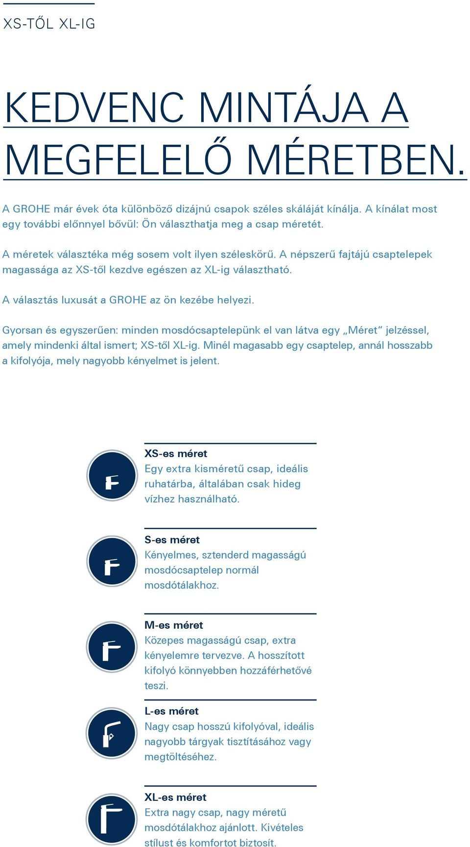 Gyorsan és egyszerűen: minden mosdócsaptelepünk el van látva egy Méret jelzéssel, amely mindenki által ismert; XS-től XL-ig.