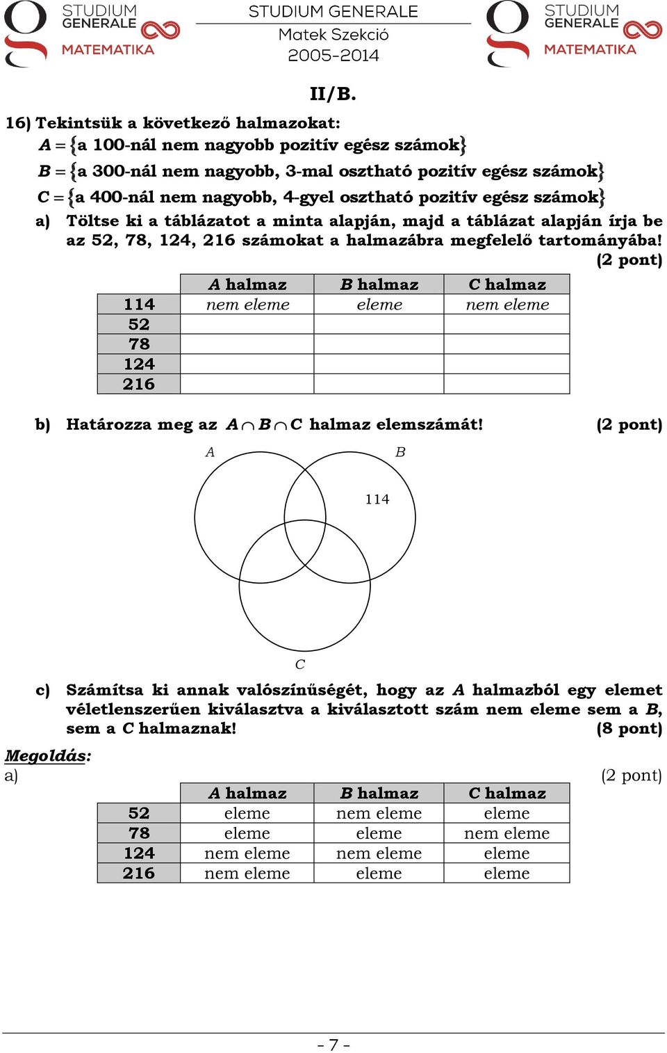 ( pont) A halmaz B halmaz C halmaz 114 nem eleme eleme nem eleme 5 78 14 16 b) Határozza meg az A B C A halmaz elemszámát!