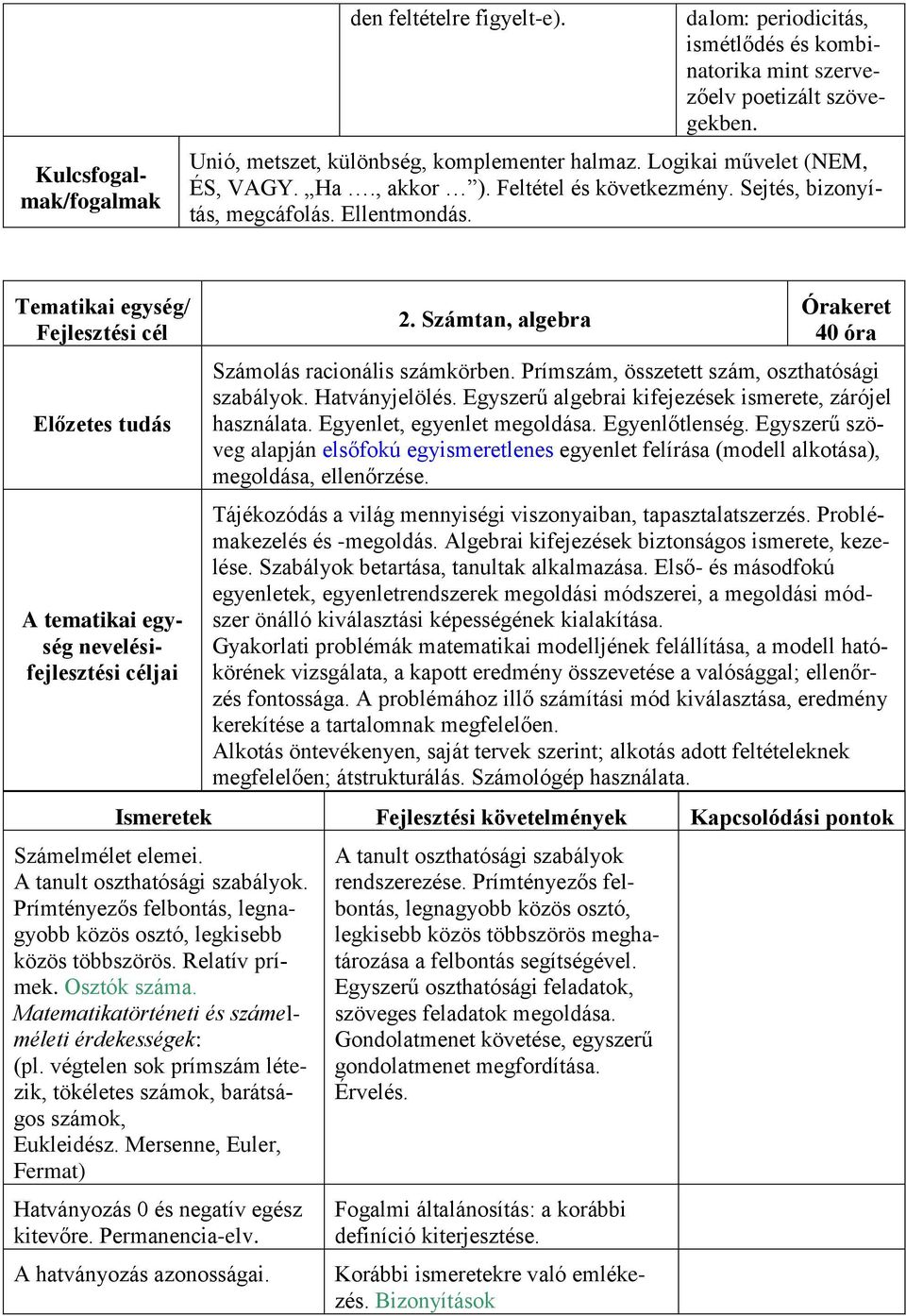 Tematikai egység/ Fejlesztési cél Előzetes tudás A tematikai egység nevelésifejlesztési céljai 2. Számtan, algebra Órakeret 40 óra Számolás racionális számkörben.