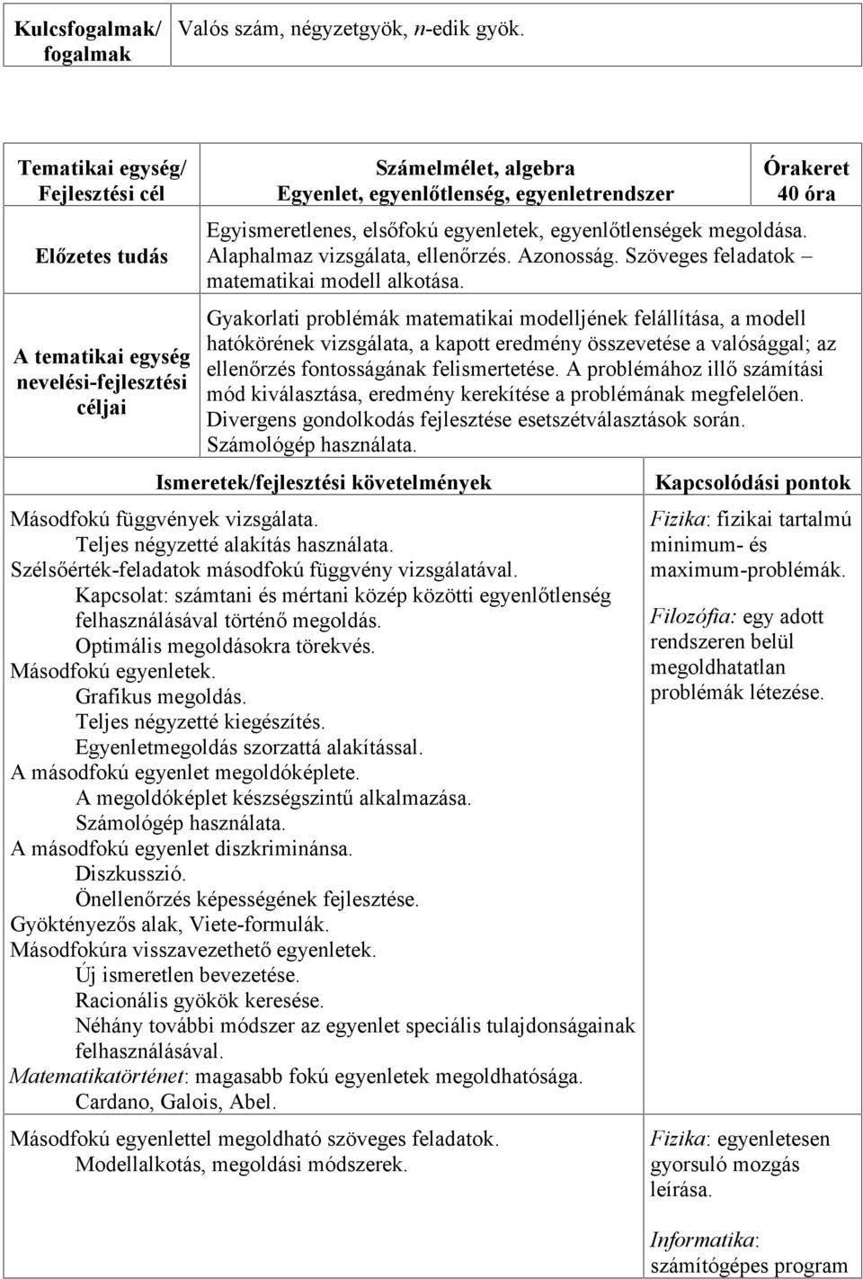 Gyakorlati problémák matematikai modelljének felállítása, a modell hatókörének vizsgálata, a kapott eredmény összevetése a valósággal; az ellenőrzés fontosságának felismertetése.