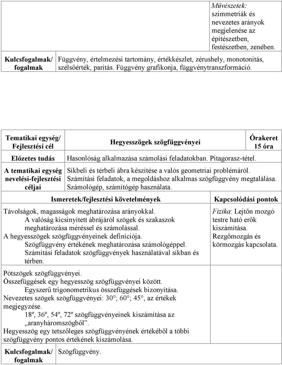 15 óra Síkbeli és térbeli ábra készítése a valós geometriai problémáról. Számítási feladatok, a megoldáshoz alkalmas szögfüggvény megtalálása. Számológép, számítógép használata.