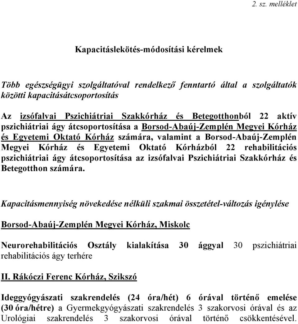 Betegotthonból 22 aktív pszichiátriai ágy átcsoportosítása a Borsod-Abaúj-Zemplén Megyei Kórház és Egyetemi Oktató Kórház számára, valamint a Borsod-Abaúj-Zemplén Megyei Kórház és Egyetemi Oktató