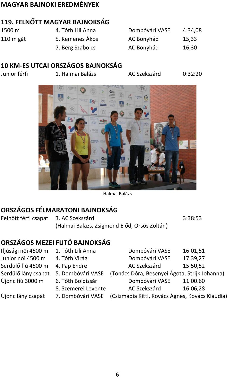 AC Szekszárd 3:38:53 (Halmai Balázs, Zsigmond Előd, Orsós Zoltán) ORSZÁGOS MEZEI FUTÓ BAJNOKSÁG Ifjúsági női 4500 m 1. Tóth Lili Anna Dombóvári VASE 16:01,51 Junior női 4500 m 4.