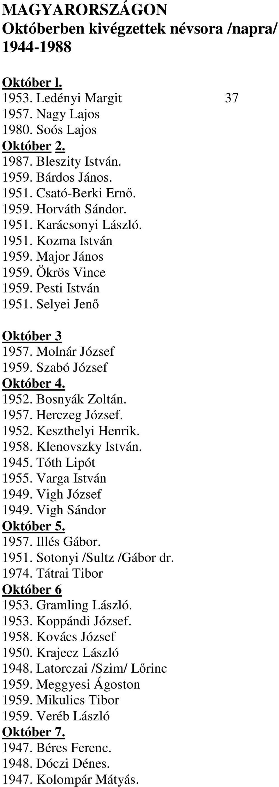 Szabó József Október 4. 1952. Bosnyák Zoltán. 1957. Herczeg József. 1952. Keszthelyi Henrik. 1958. Klenovszky István. 1945. Tóth Lipót 1955. Varga István 1949. Vigh József 1949. Vigh Sándor Október 5.