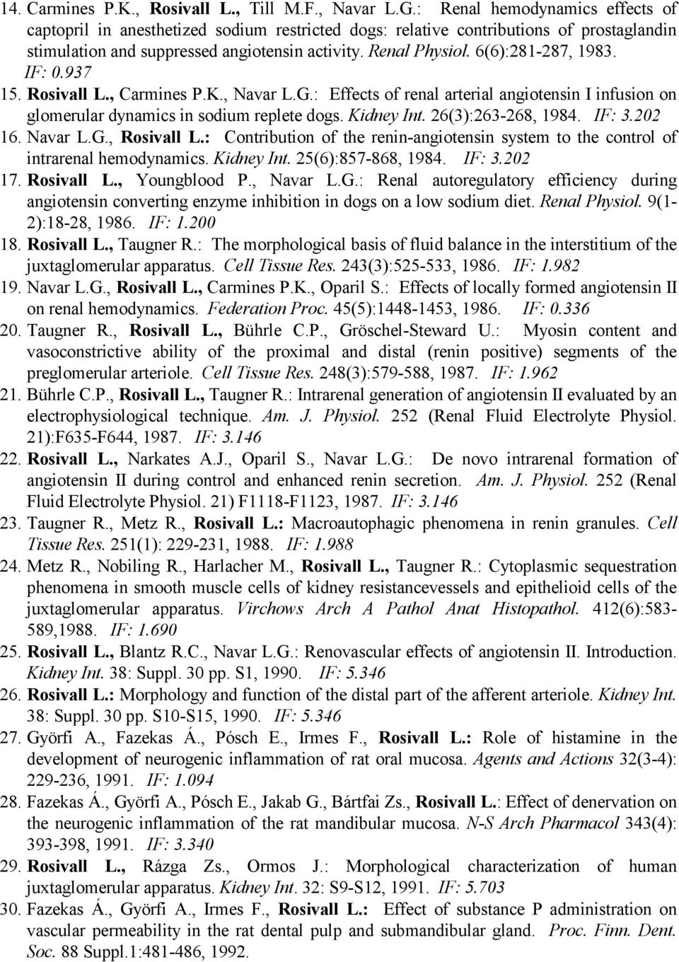 6(6):281-287, 1983. IF: 0.937 15. Rosivall L., Carmines P.K., Navar L.G.: Effects of renal arterial angiotensin I infusion on glomerular dynamics in sodium replete dogs. Kidney Int.