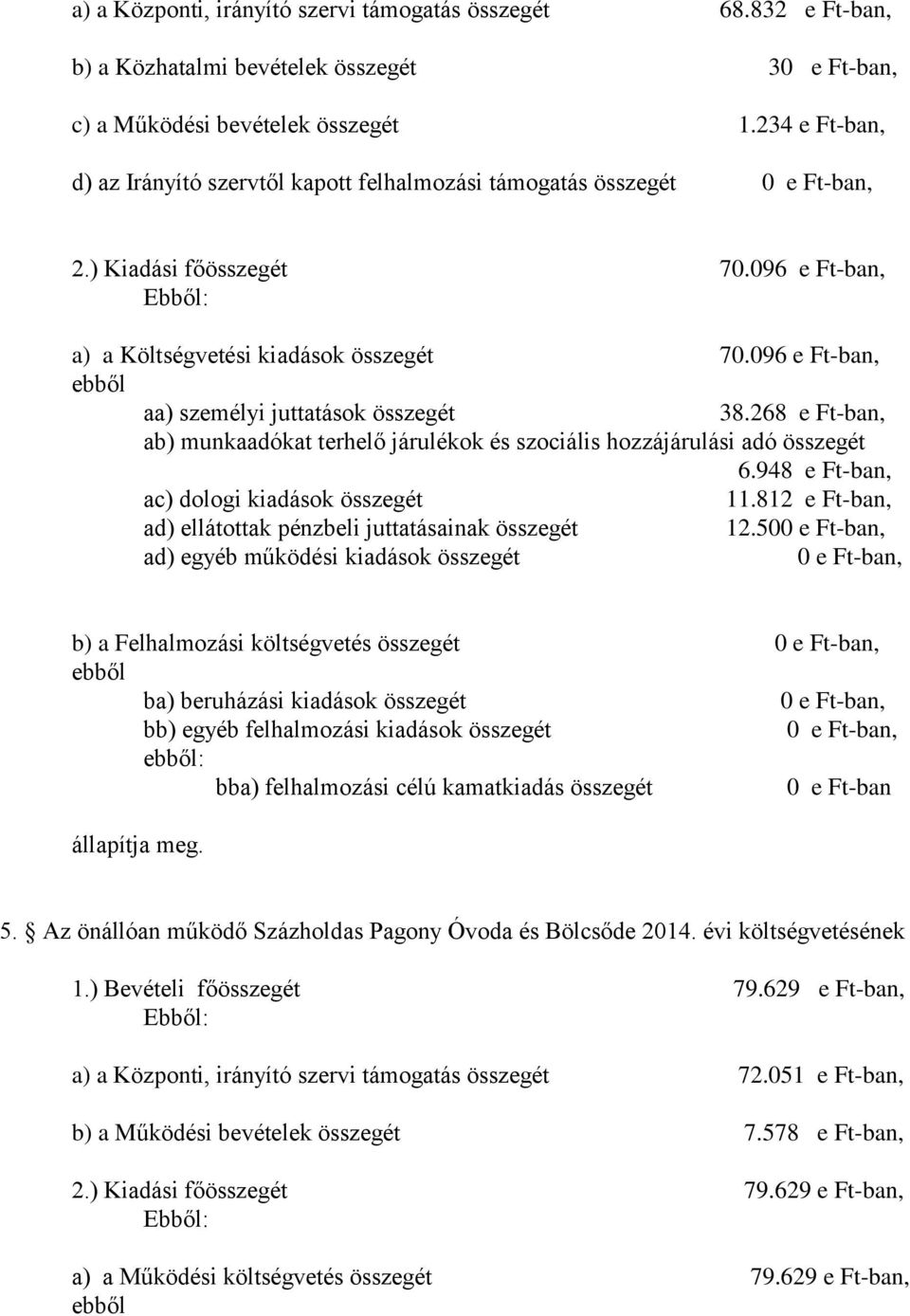 096 e Ft-ban, aa) személyi juttatások összegét 38.268 e Ft-ban, ab) munkaadókat terhelő járulékok és szociális hozzájárulási adó összegét 6.948 e Ft-ban, ac) dologi kiadások összegét 11.