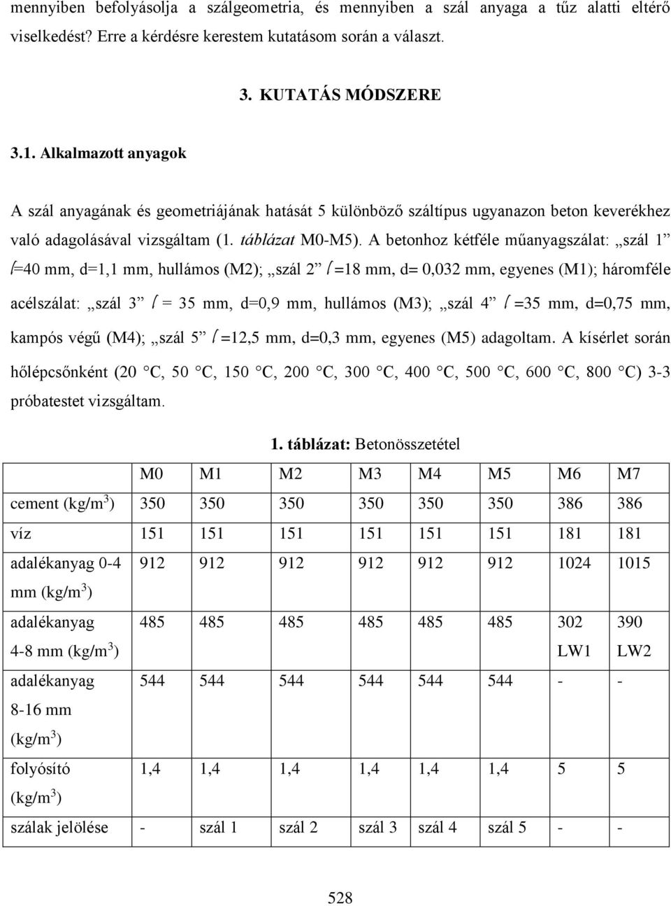A betonhoz kétféle műanyagszálat: szál 1 l=40 mm, d=1,1 mm, hullámos (M2); szál 2 l =18 mm, d= 0,032 mm, egyenes (M1); háromféle acélszálat: szál 3 l = 35 mm, d=0,9 mm, hullámos (M3); szál 4 l =35