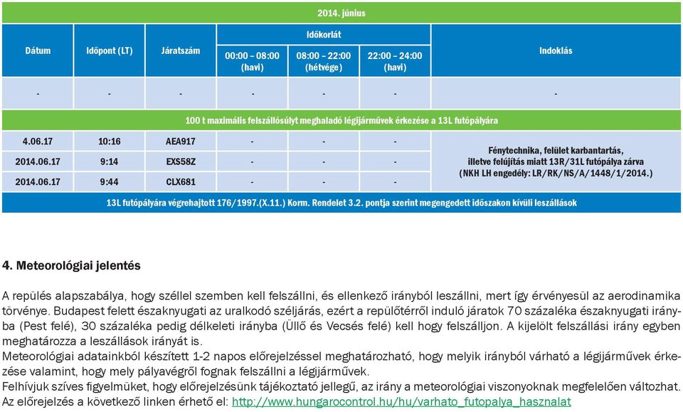 Rendelet 3.2. pontja szerint megengedett időszakon kívüli leszállások 4.