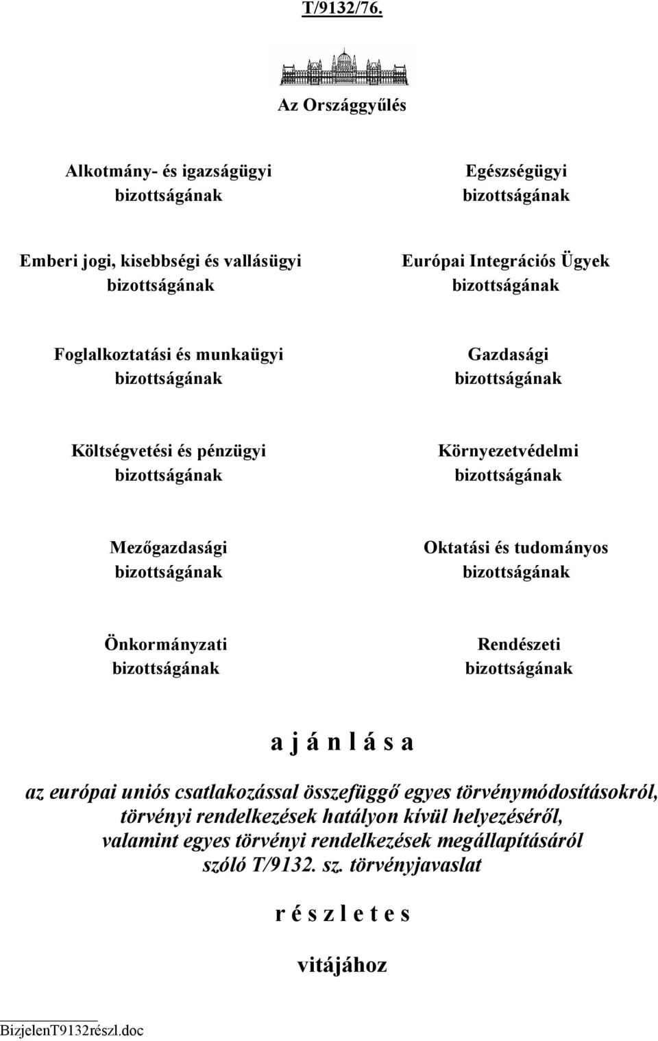 Foglalkoztatási és munkaügyi bizottságának Gazdasági bizottságának Költségvetési és pénzügyi bizottságának Környezetvédelmi bizottságának Mezőgazdasági bizottságának Oktatási és