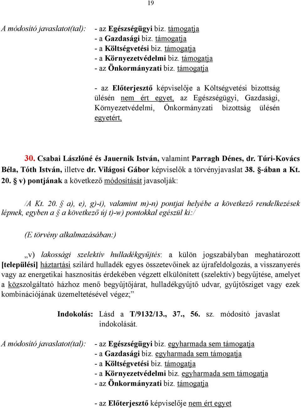 Csabai Lászlóné és Jauernik István, valamint Parragh Dénes, dr. Túri-Kovács Béla, Tóth István, illetve dr. Világosi Gábor képviselők a törvényjavaslat 38. -ában a Kt. 20.