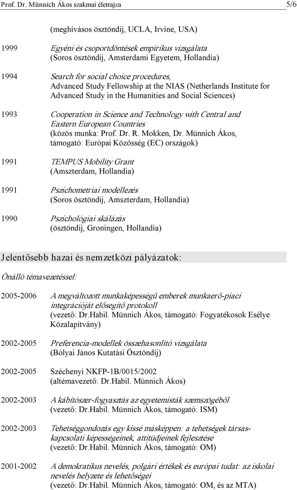 social choice procedures, Advanced Study Fellowship at the NIAS (Netherlands Institute for Advanced Study in the Humanities and Social Sciences) 1993 Cooperation in Science and Technology with