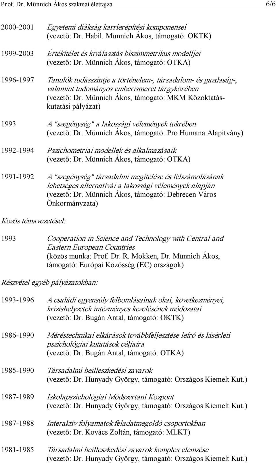 Münnich Ákos, támogató: OTKA) 1996 1997 Tanulók tudásszintje a történelem, társadalom és gazdaság, valamint tudományos emberismeret tárgykörében (vezető: Dr.