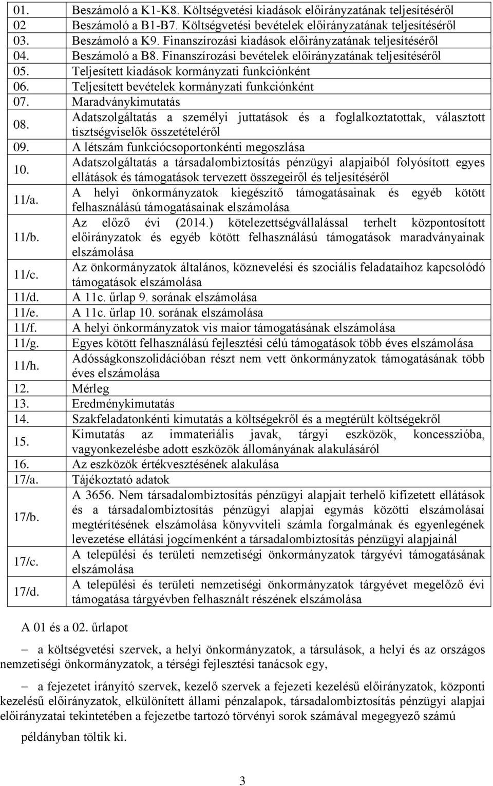 Teljesített bevételek kormányzati funkciónként 07. Maradványkimutatás 08. Adatszolgáltatás a személyi juttatások és a foglalkoztatottak, választott tisztségviselők összetételéről 09.