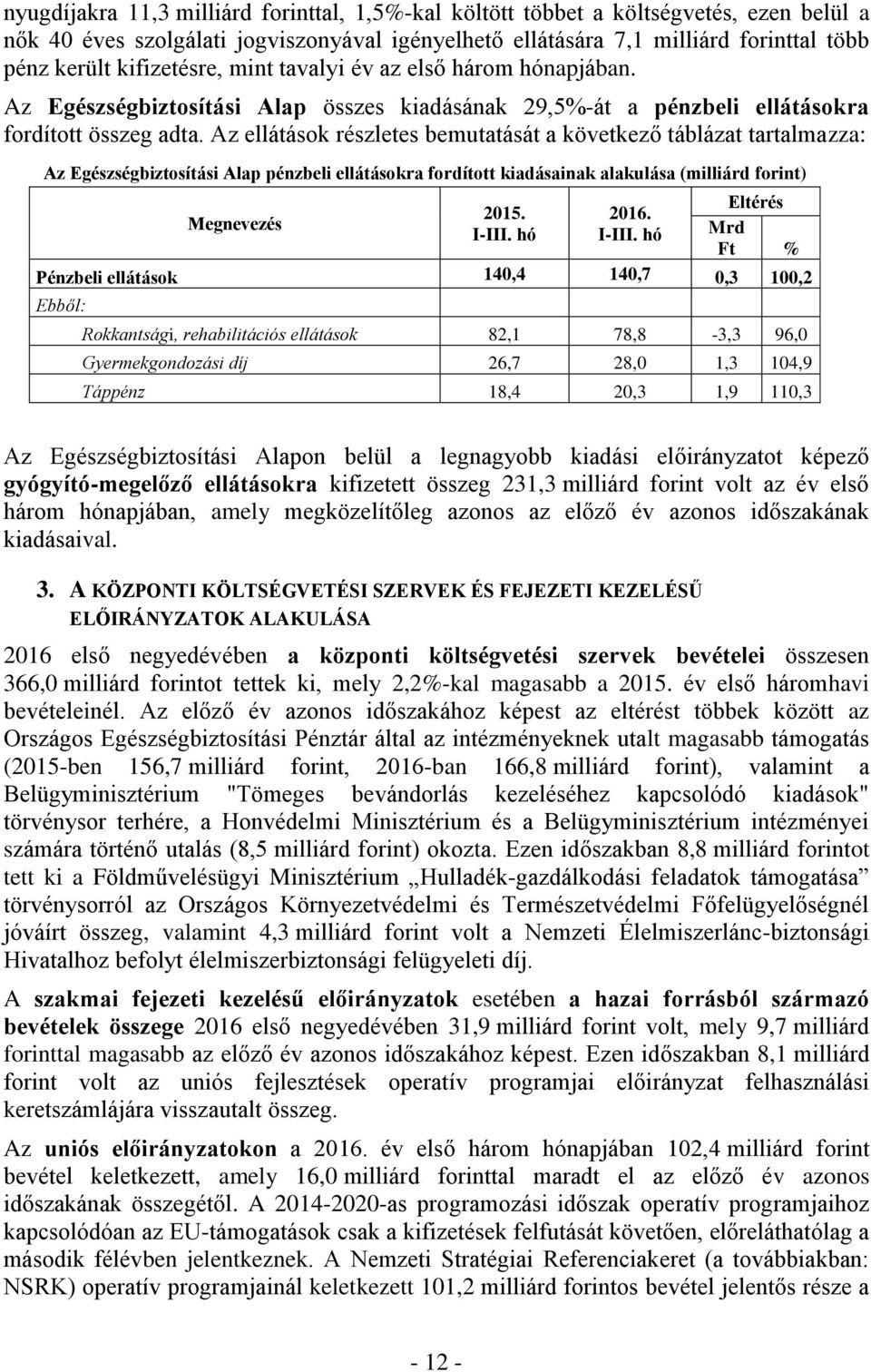 Az ellátások részletes bemutatását a következő táblázat tartalmazza: Az Egészségbiztosítási Alap pénzbeli ellátásokra fordított kiadásainak alakulása (milliárd forint) Megnevezés 2015. 2016.