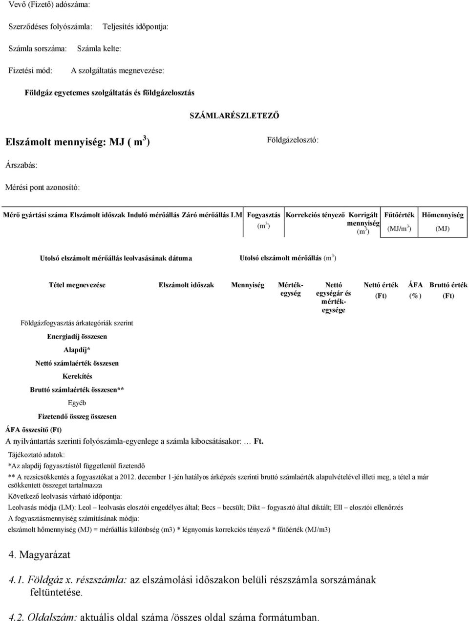 tényező Korrigált mennyiség (m 3 ) Fűtőérték Hőmennyiség (MJ/m 3 ) (MJ) Utolsó elszámolt mérőállás leolvasásának dátuma Utolsó elszámolt mérőállás (m 3 ) Tétel megnevezése Elszámolt időszak Mennyiség