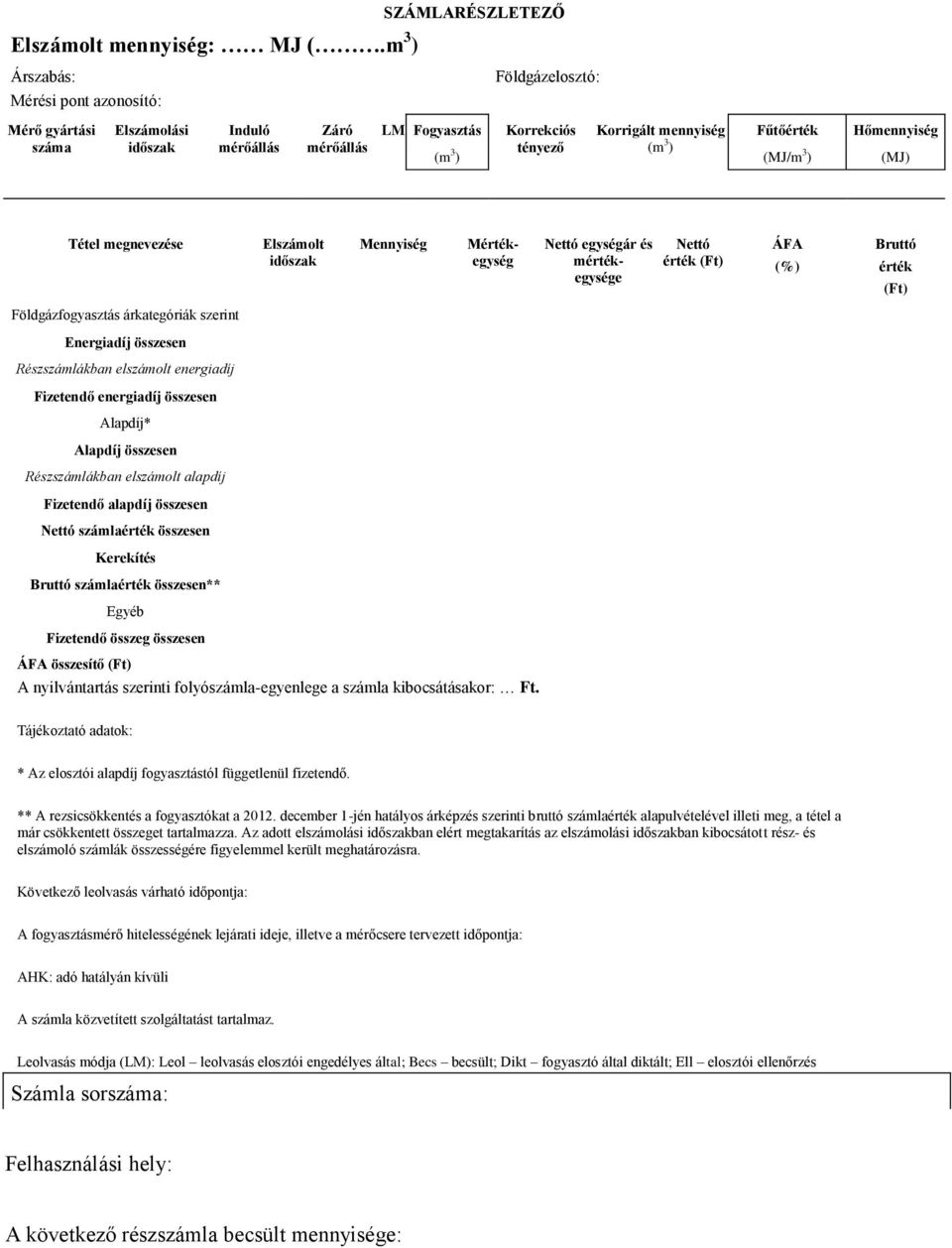 Hőmennyiség tényező (m 3 ) (m 3 ) (MJ/m 3 ) (MJ) Tétel megnevezése Földgázfogyasztás árkategóriák szerint Energiadíj összesen Részszámlákban elszámolt energiadíj Fizetendő energiadíj összesen