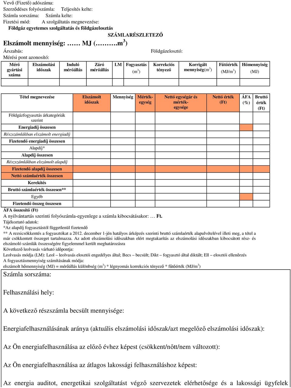 m 3 ) Árszabás: Mérési pont azonosító: Mérő gyártási száma Elszámolási időszak Induló mérőállás Záró mérőállás Földgázelosztó: LM Fogyasztás Korrekciós Korrigált Fűtőérték Hőmennyiség (m 3 ) tényező