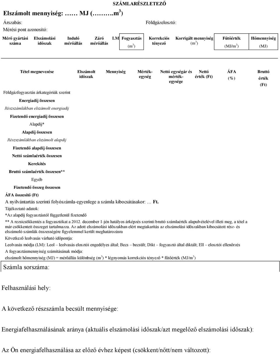 Hőmennyiség tényező (m 3 ) (m 3 ) (MJ/m 3 ) (MJ) Tétel megnevezése Földgázfogyasztás árkategóriák szerint Energiadíj összesen Részszámlákban elszámolt energiadíj Fizetendő energiadíj összesen