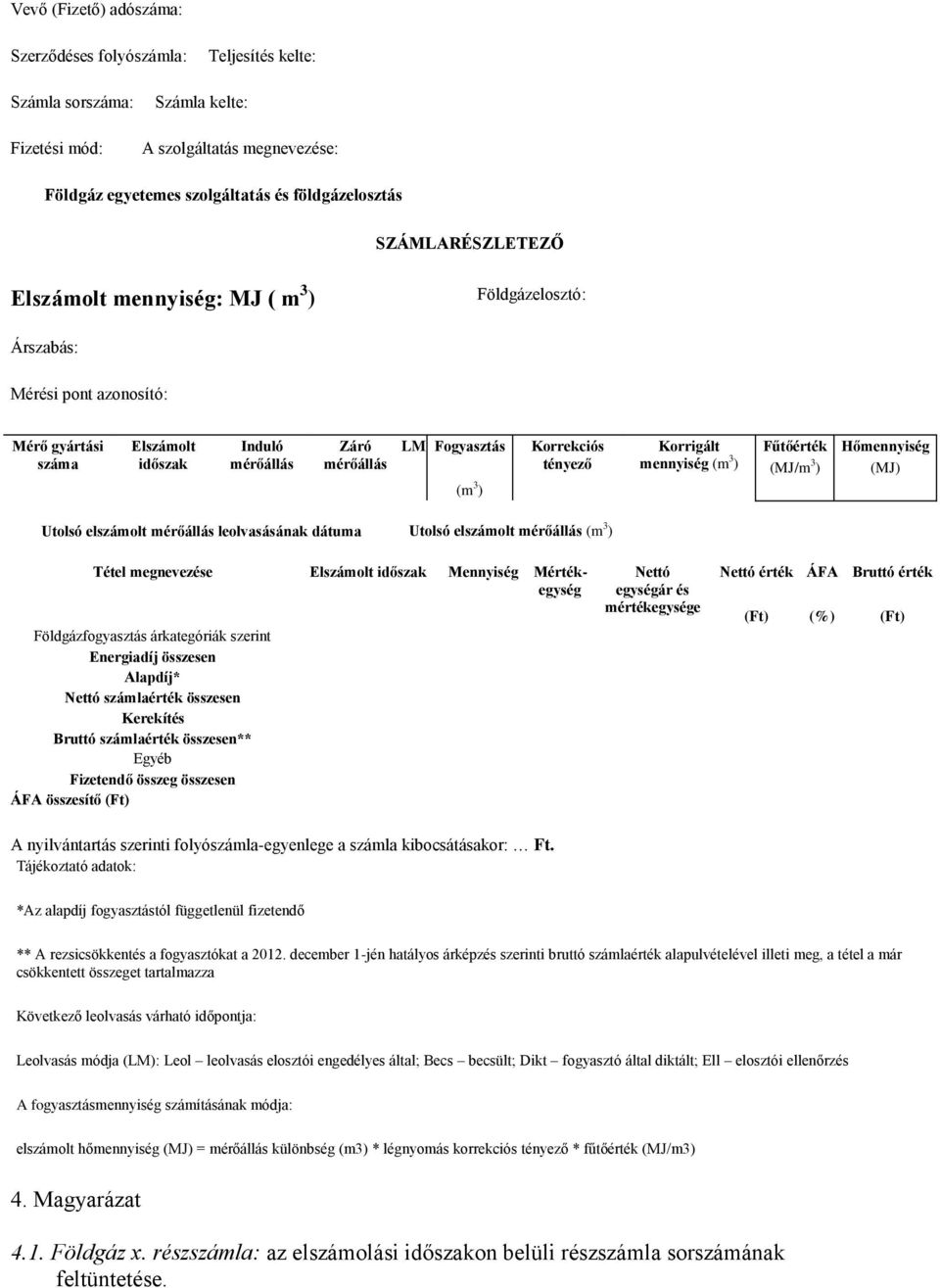 tényező Korrigált mennyiség (m 3 ) Fűtőérték Hőmennyiség (MJ/m 3 ) (MJ) Utolsó elszámolt mérőállás leolvasásának dátuma Utolsó elszámolt mérőállás (m 3 ) Tétel megnevezése Földgázfogyasztás