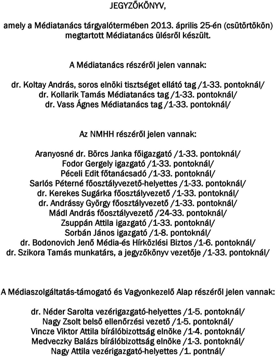 pontoknál/ Az NMHH részéről jelen vannak: Aranyosné dr. Börcs Janka főigazgató /1-33. pontoknál/ Fodor Gergely igazgató /1-33. pontoknál/ Péceli Edit főtanácsadó /1-33.