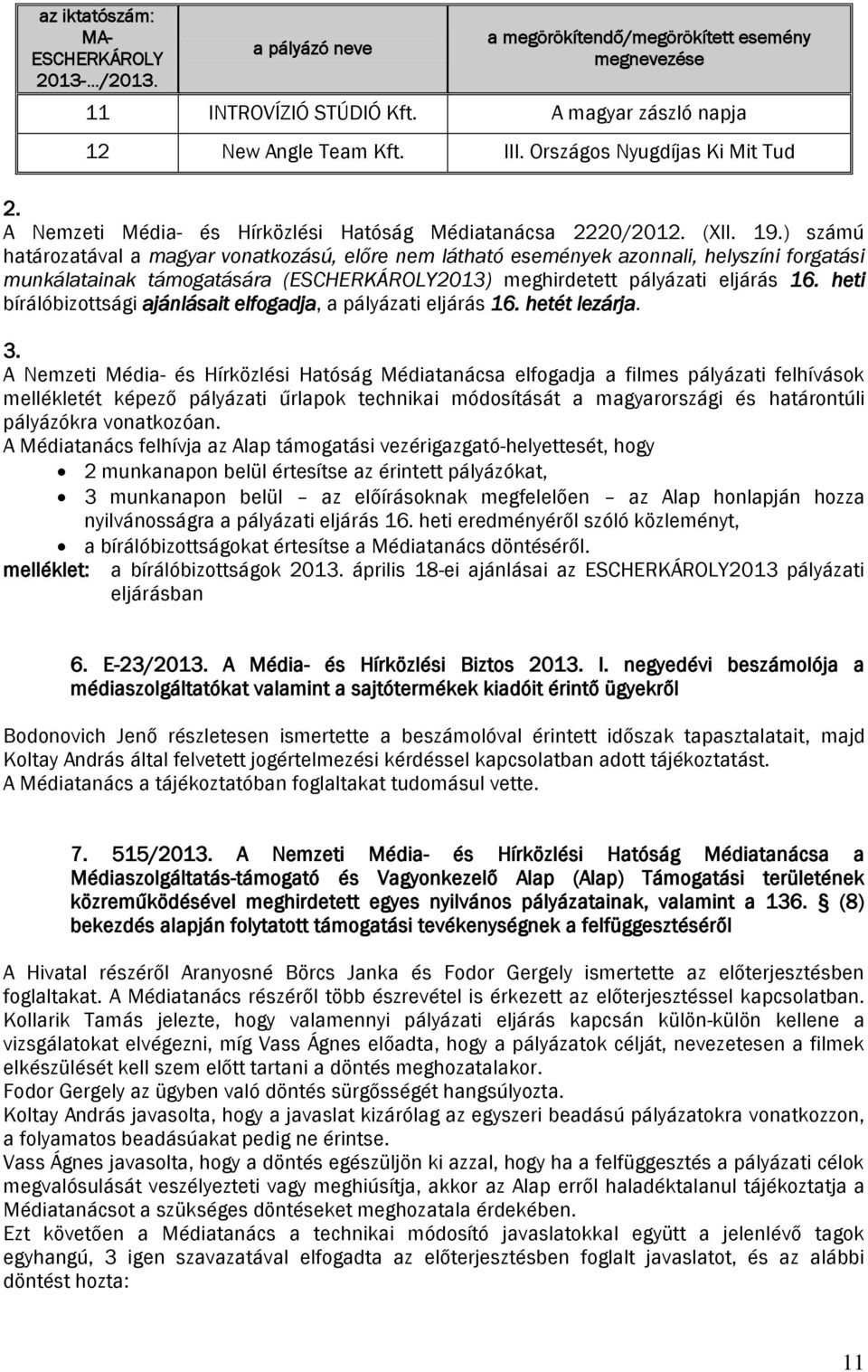 ) számú határozatával a magyar vonatkozású, előre nem látható események azonnali, helyszíni forgatási munkálatainak támogatására (ESCHERKÁROLY2013) meghirdetett pályázati eljárás 16.