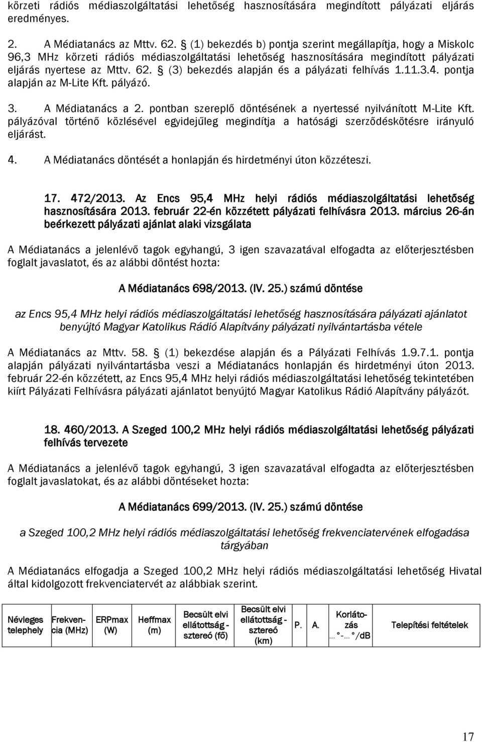 (3) bekezdés alapján és a pályázati felhívás 1.11.3.4. pontja alapján az M-Lite Kft. pályázó. 3. A Médiatanács a 2. pontban szereplő döntésének a nyertessé nyilvánított M-Lite Kft.