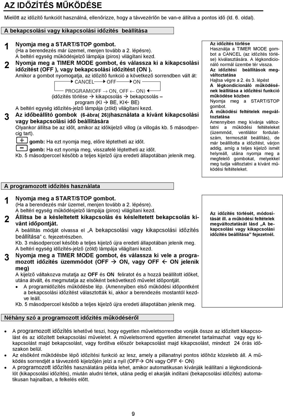 A beltéri egység működésjelző lámpája (piros) világítani kezd. Nyomja meg a TIMER MODE gombot, és válassza ki a kikapcsolási időzítést (OFF ), vagy bekapcsolási időzítést (ON ).