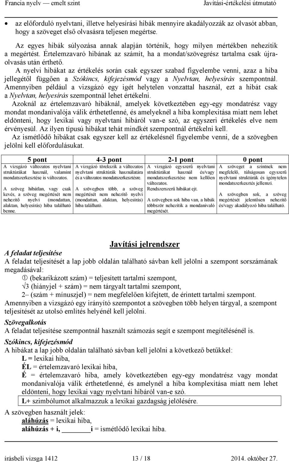 A nyelvi hibákat az értékelés során csak egyszer szabad figyelembe venni, azaz a hiba jellegétől függően a Szókincs, kifejezésmód vagy a Nyelvtan, helyesírás szempontnál.