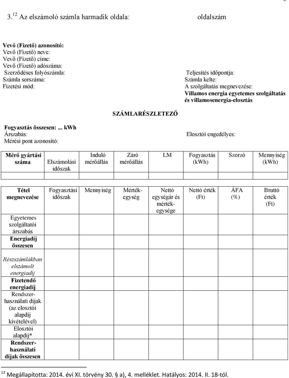 .. kwh Árszabás: Mérési pont azonosító: Elosztói engedélyes: Mérő gyártási száma Elszámolási időszak Induló mérőállás Záró mérőállás LM Fogyasztás (kwh) Szorzó Mennyiség (kwh) Tétel megnevezése