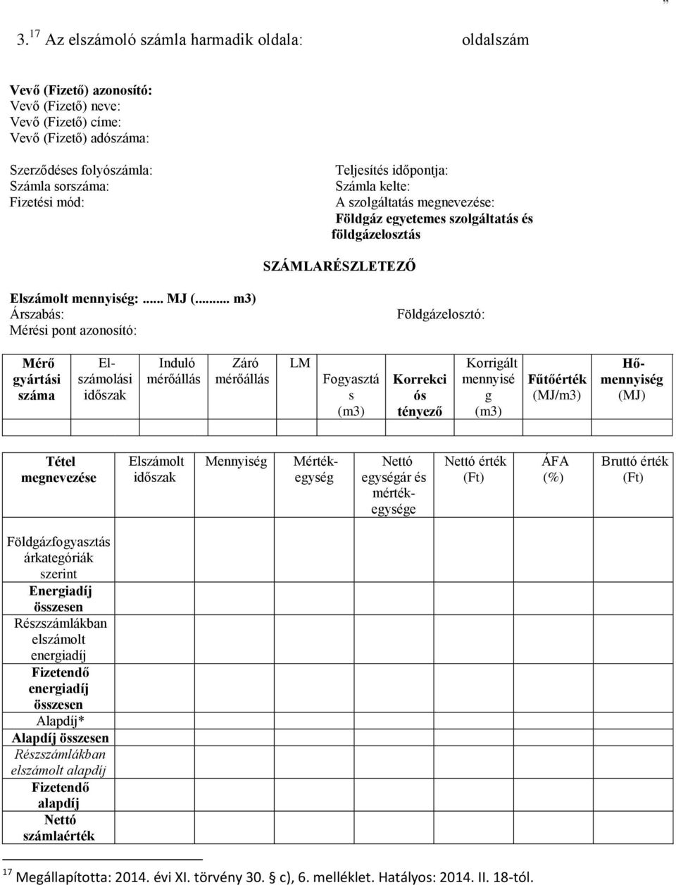 .. m3) Árszabás: Mérési pont azonosító: Földgázelosztó: Mérő gyártási száma Elszámolási időszak Induló mérőállás Záró mérőállás LM Fogyasztá s (m3) Korrekci ós tényező Korrigált mennyisé g (m3)