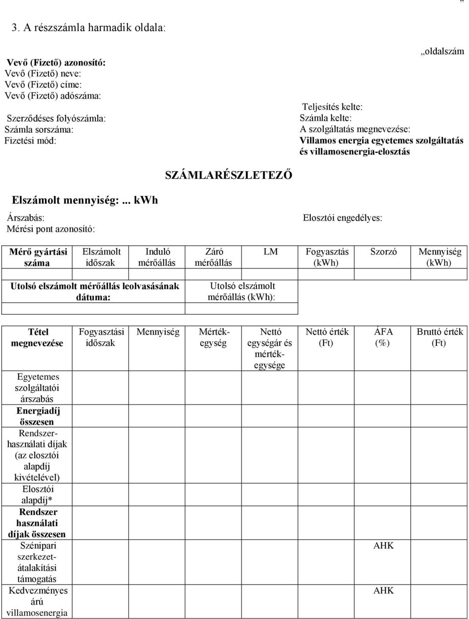 .. kwh Árszabás: Mérési pont azonosító: Elosztói engedélyes: Mérő gyártási száma Elszámolt időszak Induló mérőállás Záró mérőállás LM Fogyasztás (kwh) Szorzó Mennyiség (kwh) Utolsó elszámolt