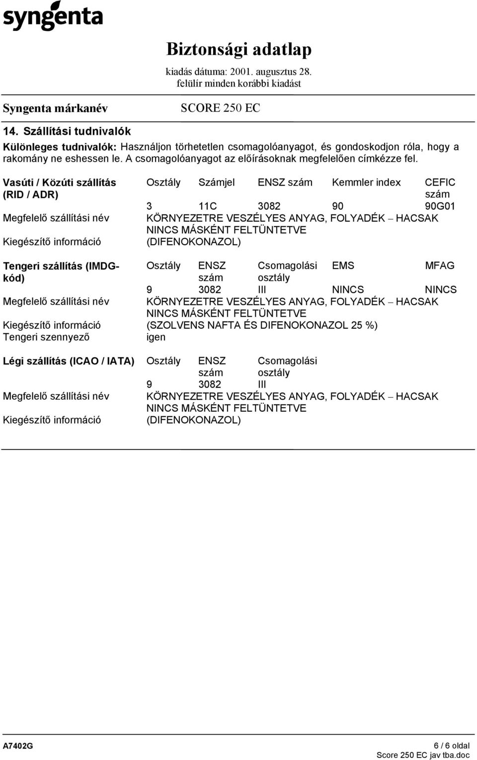 Vasúti / Közúti szállítás (RID / ADR) Megfelelő szállítási név Kiegészítő információ Osztály Számjel ENSZ szám Kemmler index CEFIC szám 3 11C 3082 90 90G01 KÖRNYEZETRE VESZÉLYES ANYAG, FOLYADÉK