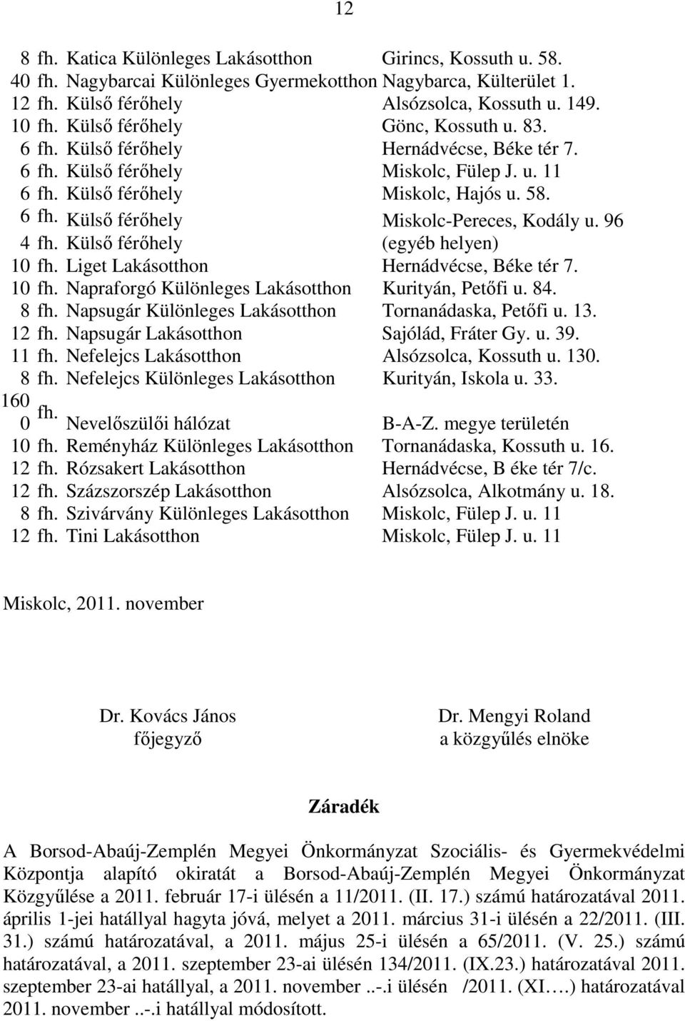 96 4 fh. Külső férőhely (egyéb helyen) 10 fh. Liget Lakásotthon Hernádvécse, Béke tér 7. 10 fh. Napraforgó Különleges Lakásotthon Kurityán, Petőfi u. 84. 8 fh.