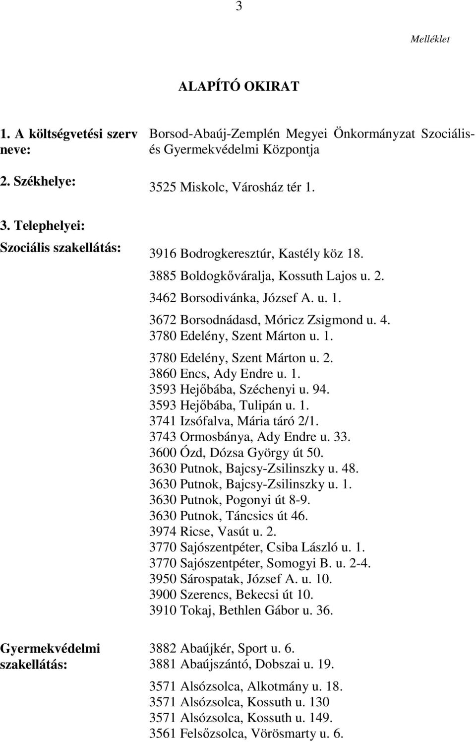 3916 Bodrogkeresztúr, Kastély köz 18. 3885 Boldogkőváralja, Kossuth Lajos u. 2. 3462 Borsodivánka, József A. u. 1. 3672 Borsodnádasd, Móricz Zsigmond u. 4. 3780 Edelény, Szent Márton u. 1. 3780 Edelény, Szent Márton u. 2. 3860 Encs, Ady Endre u.