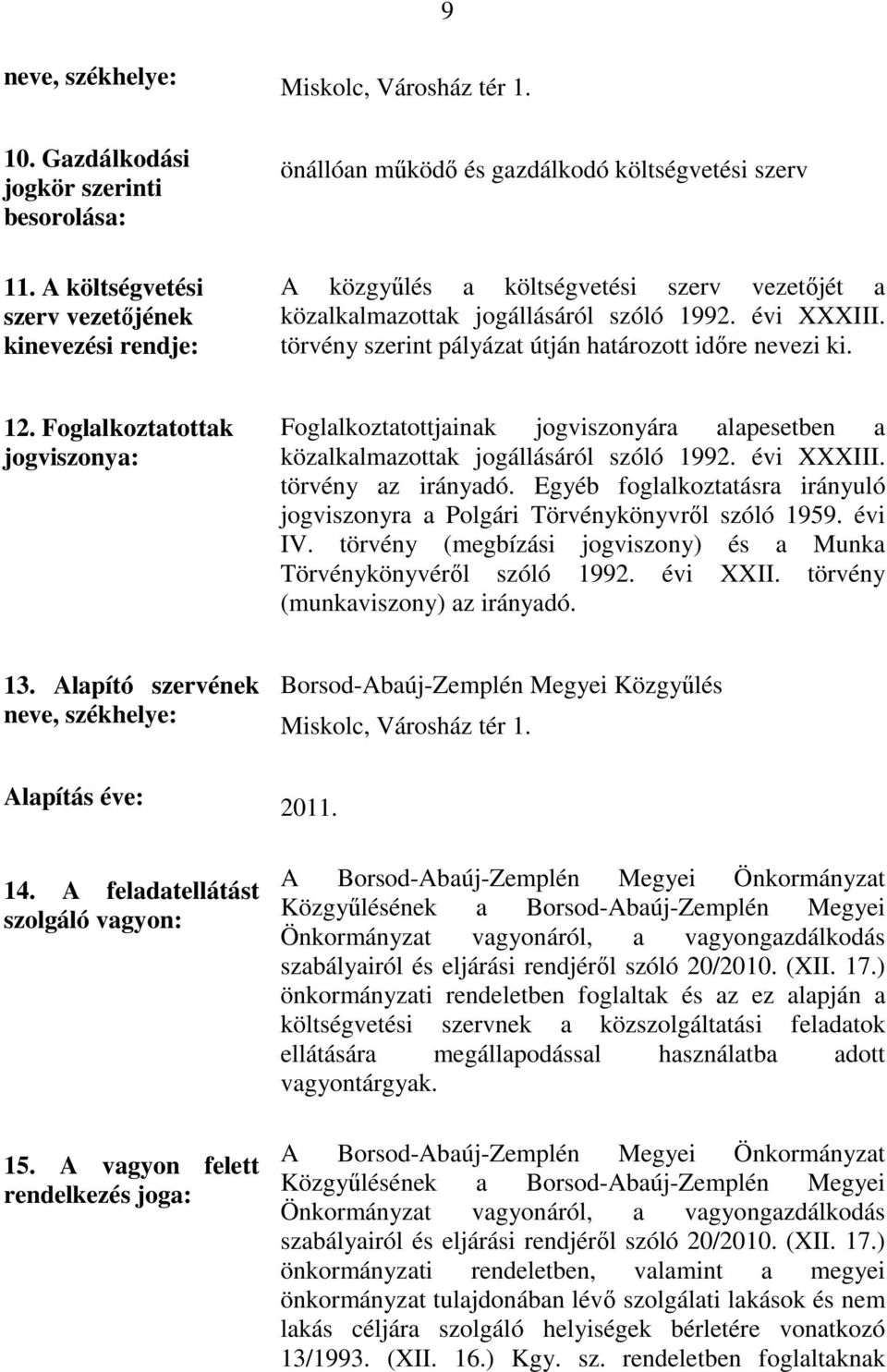 törvény szerint pályázat útján határozott időre nevezi ki. 12. Foglalkoztatottak jogviszonya: Foglalkoztatottjainak jogviszonyára alapesetben a közalkalmazottak jogállásáról szóló 1992. évi XXXIII.