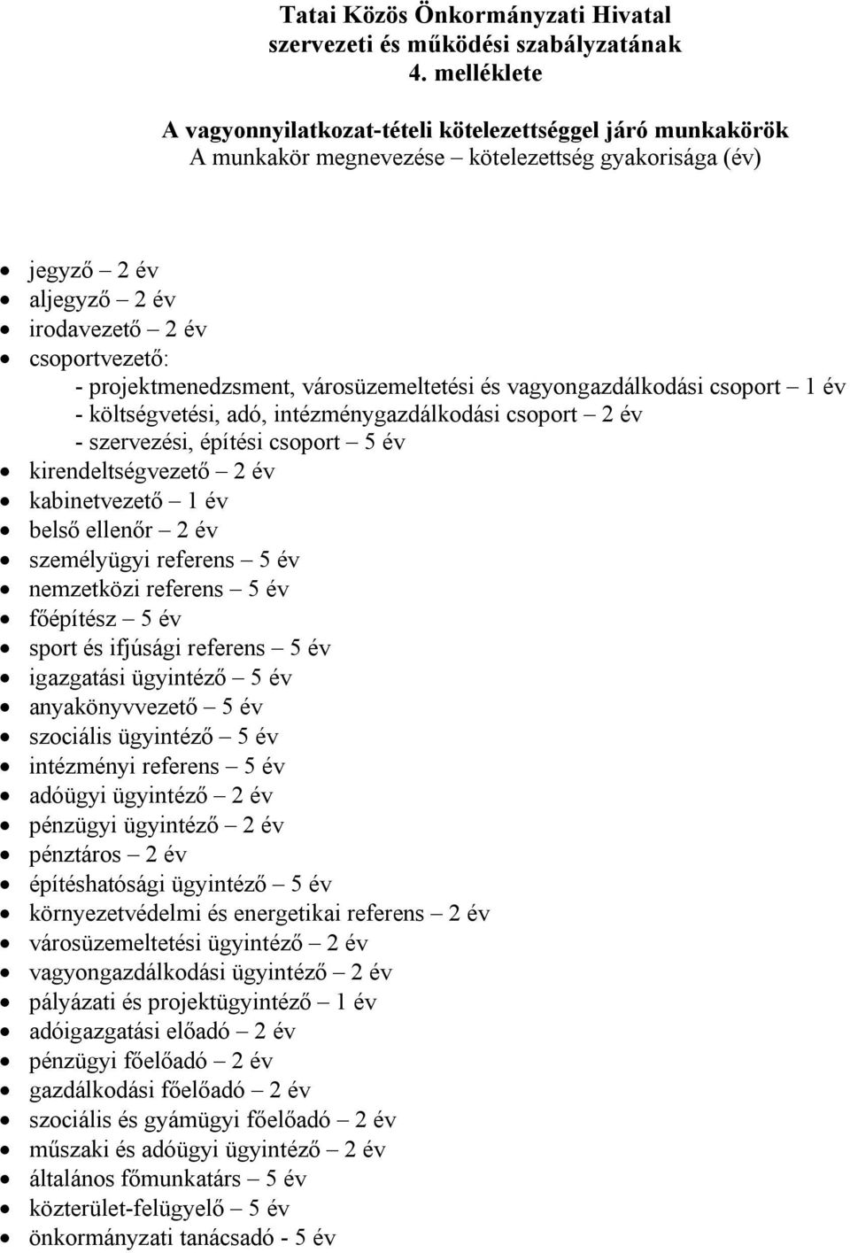 projektmenedzsment, városüzemeltetési és vagyongazdálkodási csoport 1 év - költségvetési, adó, intézménygazdálkodási csoport 2 év - szervezési, építési csoport 5 év kirendeltségvezető 2 év