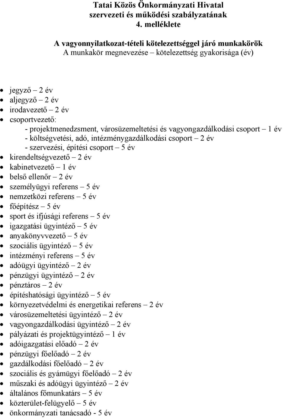 projektmenedzsment, városüzemeltetési és vagyongazdálkodási csoport 1 év - költségvetési, adó, intézménygazdálkodási csoport 2 év - szervezési, építési csoport 5 év kirendeltségvezető 2 év