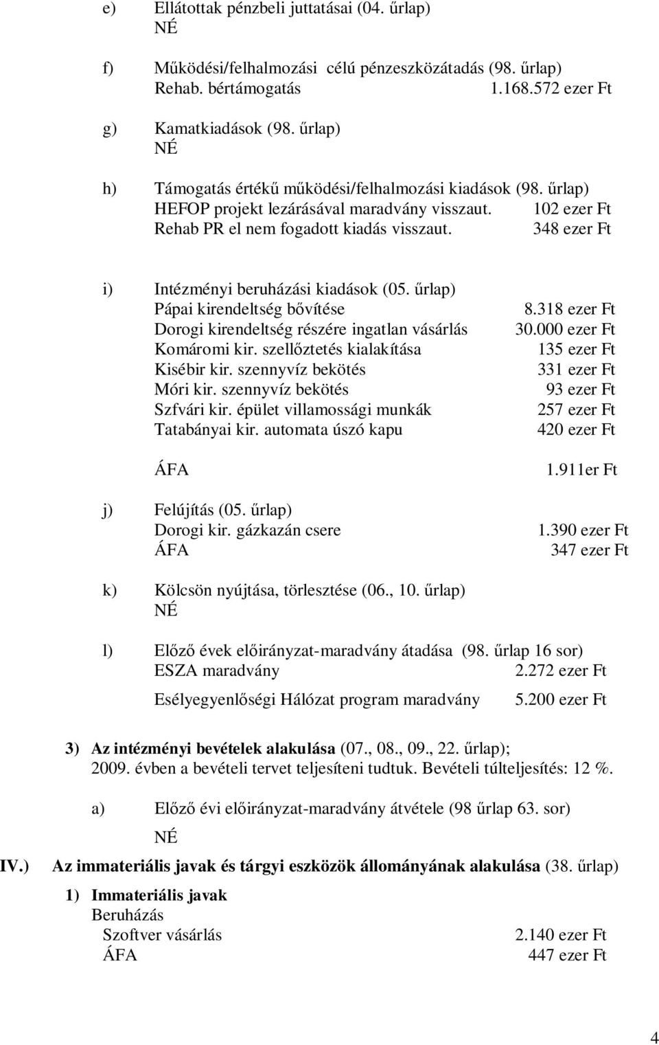 348 ezer Ft i) Intézményi beruházási kiadások (05. űrlap) Pápai kirendeltség bővítése 8.318 ezer Ft Dorogi kirendeltség részére ingatlan vásárlás 30.000 ezer Ft Komáromi kir.