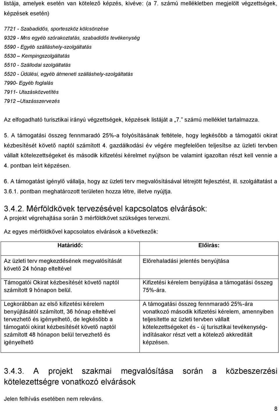 5530 Kempingszolgáltatás 5510 - Szállodai szolgáltatás 5520 - Üdülési, egyéb átmeneti szálláshely-szolgáltatás 7990- Egyéb foglalás 7911- Utazásközvetítés 7912 Utazásszervezés Az elfogadható