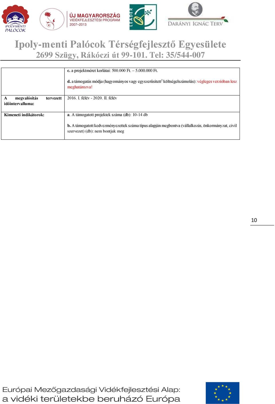 A megvalósítás tervezett időintervalluma: Kimeneti indikátorok: 2016. I. félév - 2020. II. félév a.