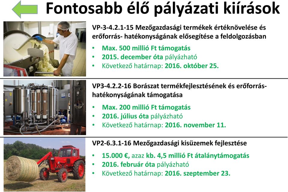 december óta pályázható Következő határnap: 2016. október 25. VP3-4.2.2-16 Borászat termékfejlesztésének és erőforráshatékonyságának támogatása Max.