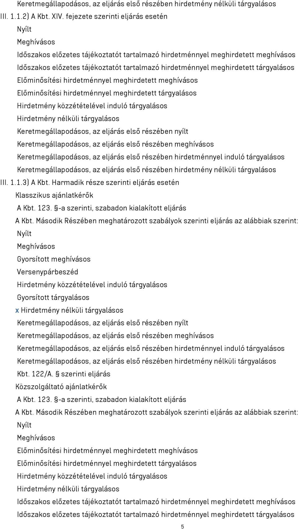 tárgyalásos Előminősítési hirdetménnyel meghirdetett meghívásos Előminősítési hirdetménnyel meghirdetett tárgyalásos Keretmegállapodásos, az eljárás első részében nyílt Keretmegállapodásos, az