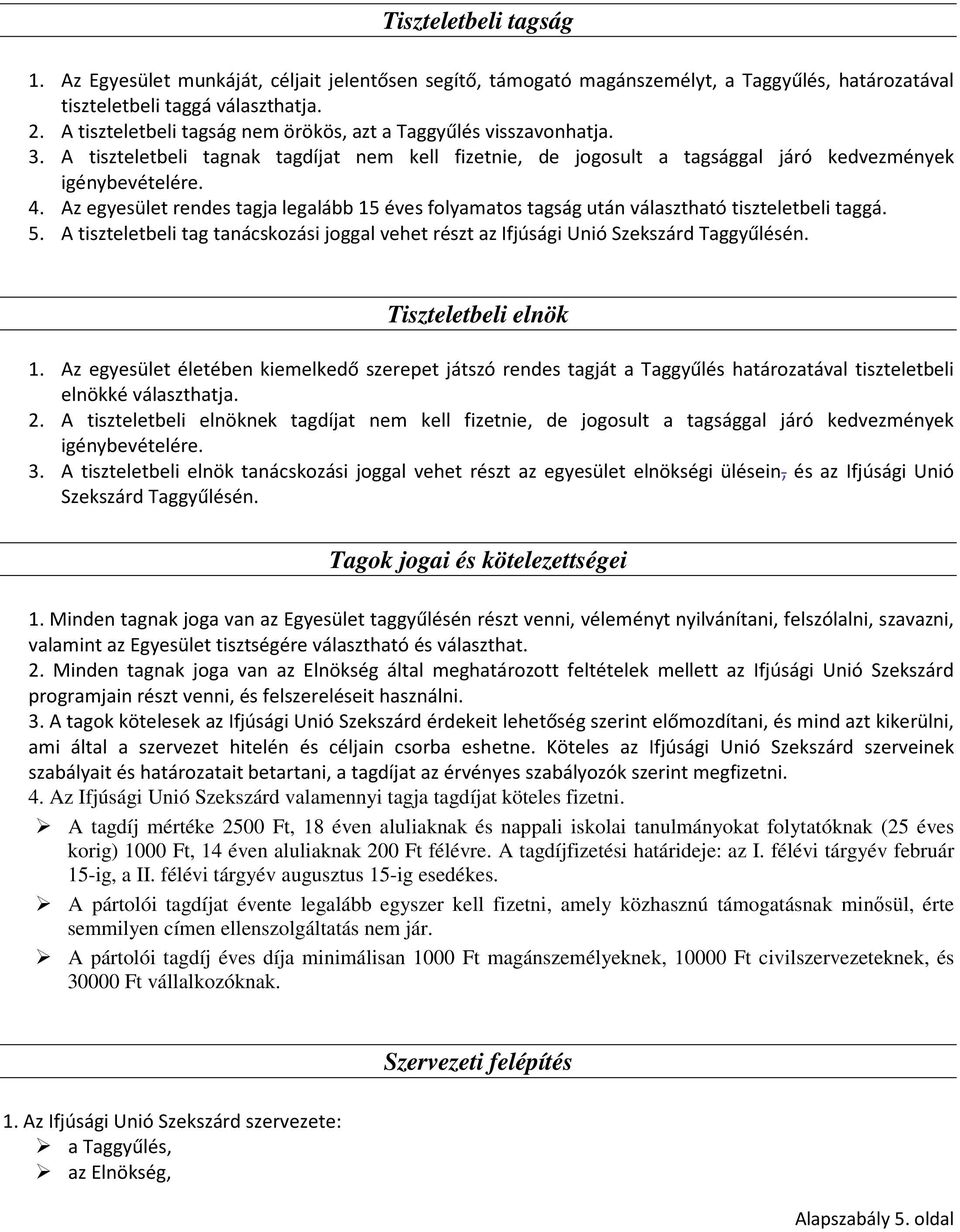 Az egyesület rendes tagja legalább 15 éves folyamatos tagság után választható tiszteletbeli taggá. 5. A tiszteletbeli tag tanácskozási joggal vehet részt az Ifjúsági Unió Szekszárd Taggyűlésén.